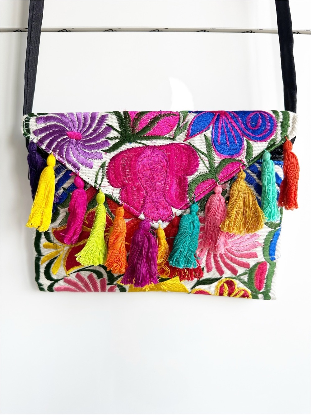 Artisanal Embroidered Purse with Multicolored Tassels Crossbody Flowers